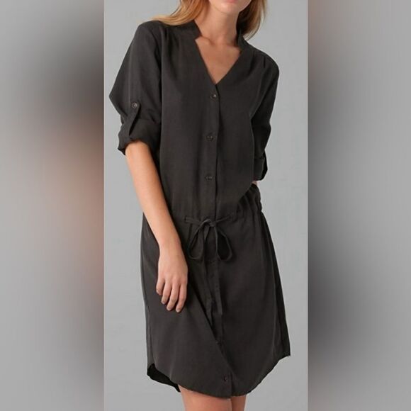 Rag & Bone charcoal tencel dropped drawstring waist button front shirtdress. Sm - Picture 2 of 11